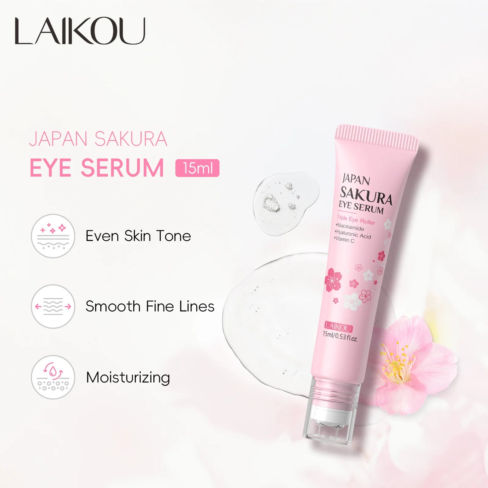 LAIKOU Sakura Eye Serum Roller Massage Hyaluronic Acid Skin Care Eye Bags Cream Moisturizing Dark Circles 15ml