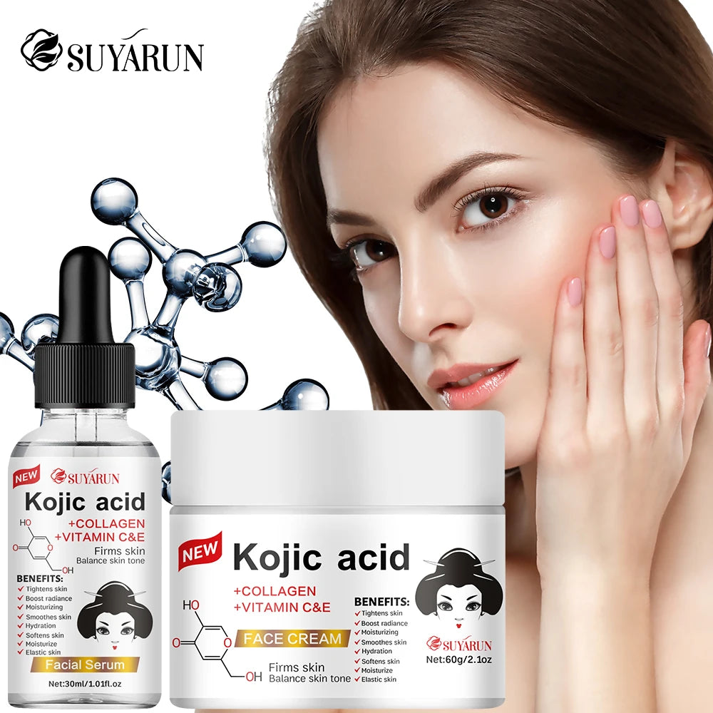 SUYARUN Kojic Acid Serum & Cream Bundle - Brightening Set for Dark Spots, Acne Scars, Anti-Aging | 2-in-1 Skincare Combo.